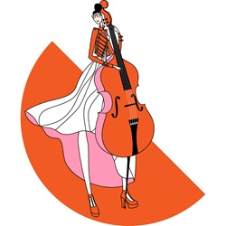 Woman playing violin against orange semi-circle