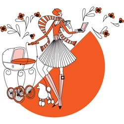Woman with baby stroller using laptop against orange semi-circle