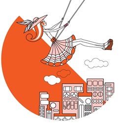 Woman swinging over machinery against orange semi-circle